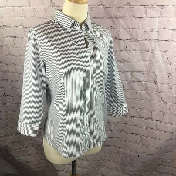 Talbots wrinkle free top blue chambray stripe petite 10 - Picture 1 of 5